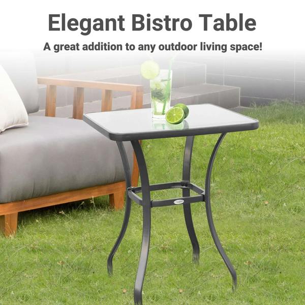 Black bistro table with square glass top and arched metal pedestal base