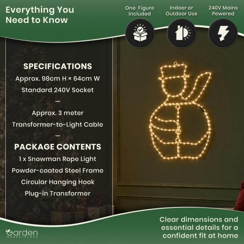 98cm LED Rope Light Snowman Christmas Decoration, Indoor & Outdoor Wall Hanging