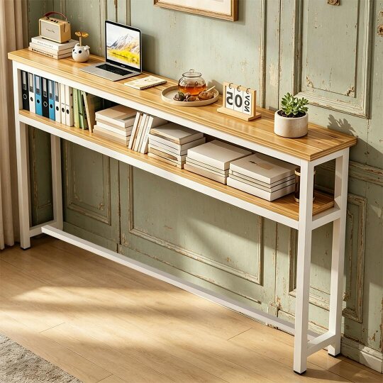 Havendro 2-Tier Console Table, Wood Side Table with Metal Frame, Narrow Sofa Table
