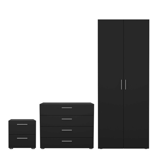 Wyld Haus Wilde Black Bedroom Furniture Set - Bedside 2 Drawers + Chest of 4 Drawers + Wardrobe 2 Doors