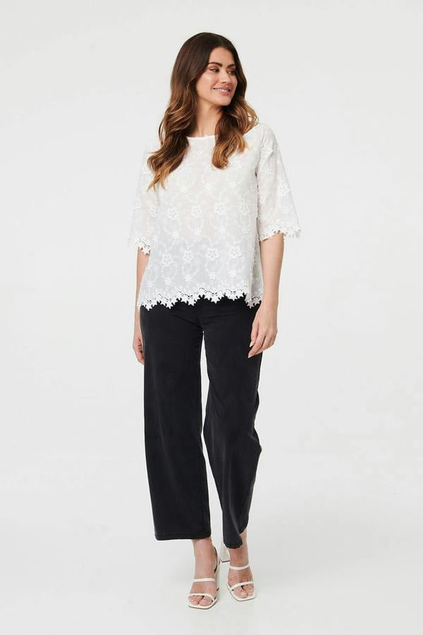 White | Floral Embroidered Lace 1/2 Sleeve Top