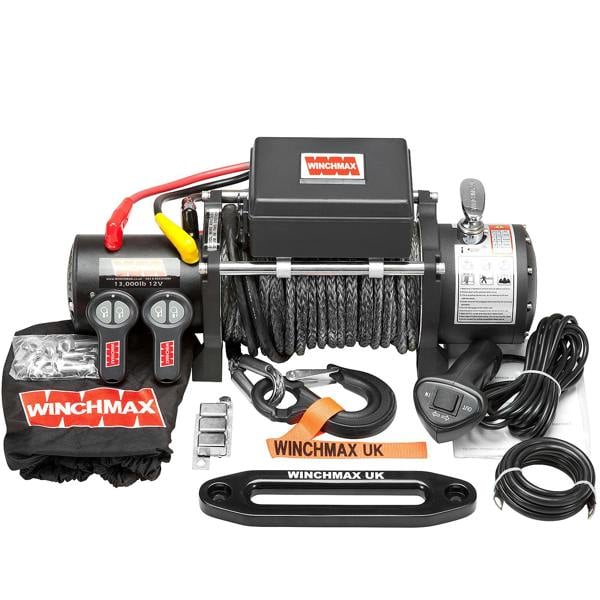 Winchmax 13,500lb (6,123kg) 12V Military Grade Winch 28m x 11mm Dyneema Rope, Remotes