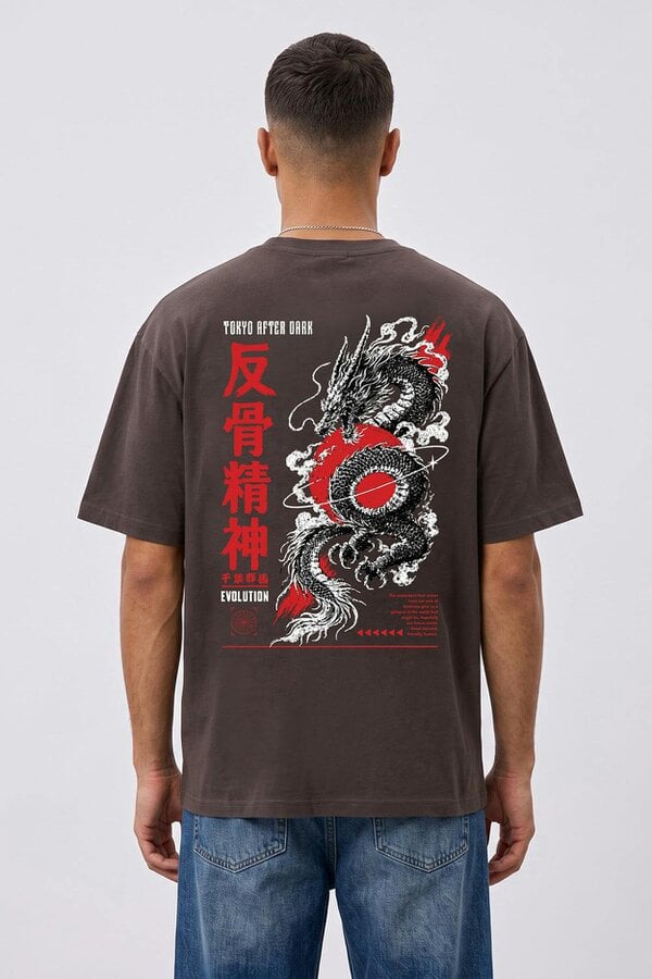 London Attitude Tokyo After Dark Dragon Oversized Heavyweight Graphic T-Shirt - Dark Chocolate