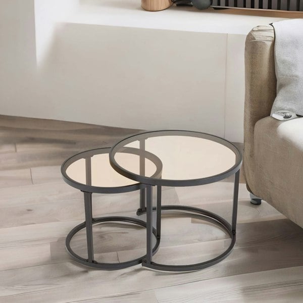 Rafaelo Mobilia Set Of 2 Round Nesting Tables With Tempered Glass Top Black