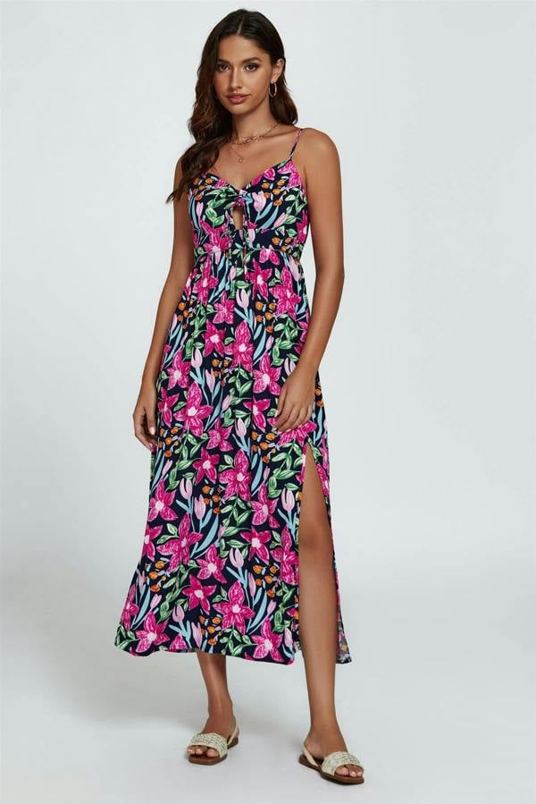 FS Collection Floral Print Tie Front Maxi Dress In Black