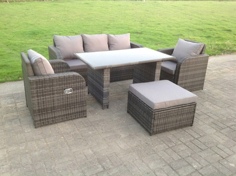 Fimous Rattan Garden Furniture Set Adjustable Chair Sofa Lounge 3 Seater Sofa Rectangular Dining Black Glass Table Footstool
