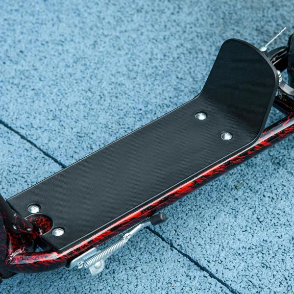 Non-slip black foot deck with mounting bolts on a red and black kids kick scooter