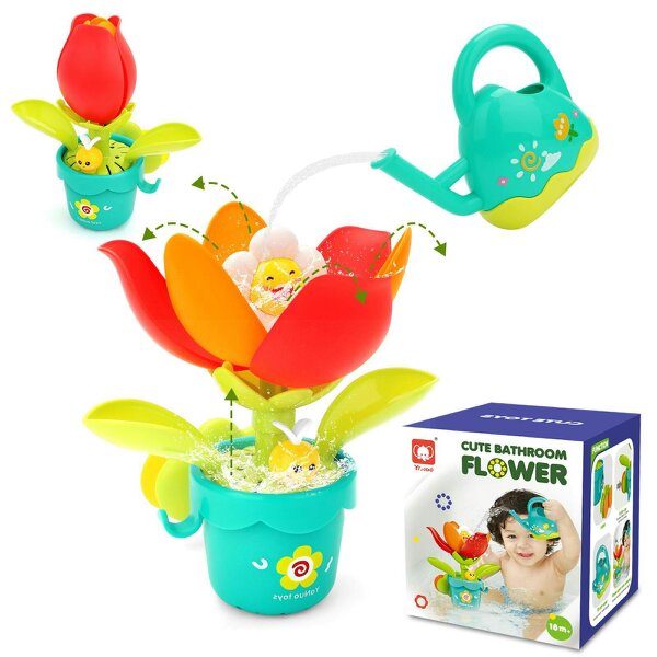 deAO Toys Sunflower Bath Sprinkler Toy – Pop-Up Blooming Flower with Strong Suction Cup & Cute Watering Can – Fun Water Play for Toddlers & Babies