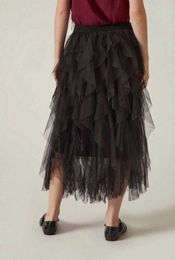 James Lakeland Black Tulle Ruffle Midi Skirt