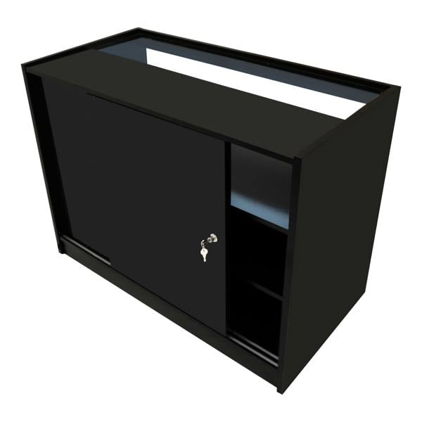 Luna LED Shop Counter Set in sleek black, featuring a sliding door, open shelving, and a modern design ideal for retail spaces