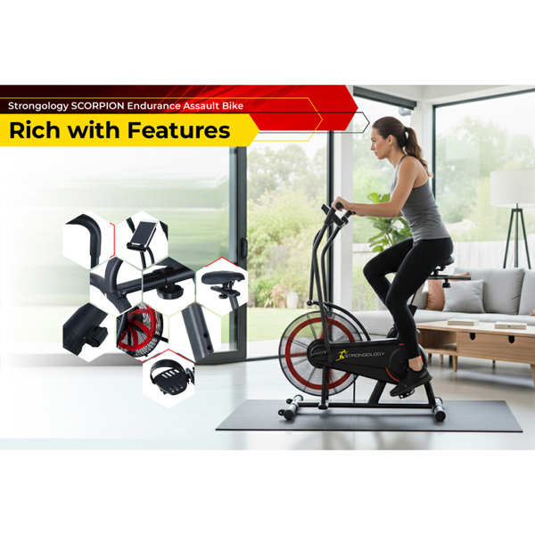 Strongology SCORPION Assault Bike – Compact Home Fitness Stationary Bike for Full Body Workouts with Smooth Fan Resistance and LCD Display