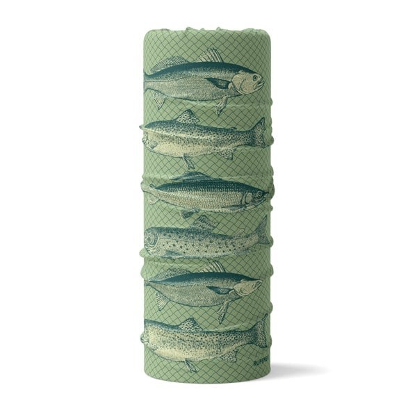 RUFFNEK® Vintage Trout Neck Gaiter  – a multi-purpose fishing accessory with a hand drawn trout design on a fishing net background, ideal for anglers and freshwater fishing fans.
