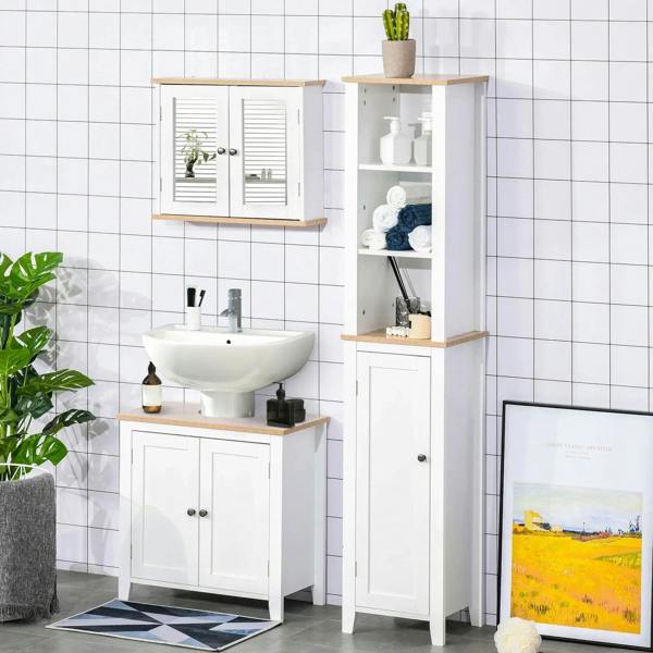 White bathroom mirror cabinet on legs with open side storage shelf, wooden top trim