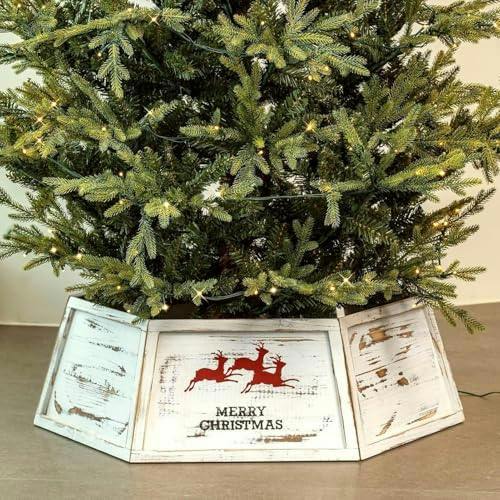 31.5 Inch Wooden Hexagon Christmas Tree Collar in Distressed White Finish image 8