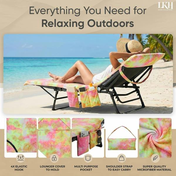 LKH HOME COLLECTION Sun Lounger Towels with Pockets & Shoulder Strap - 210x75CM Microfibre Beach Towel for Recliner for Pool Chairs