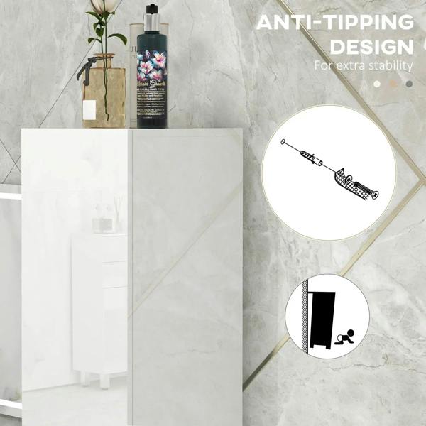White tall bathroom cabinet shown with smooth high-gloss doors and top compartment