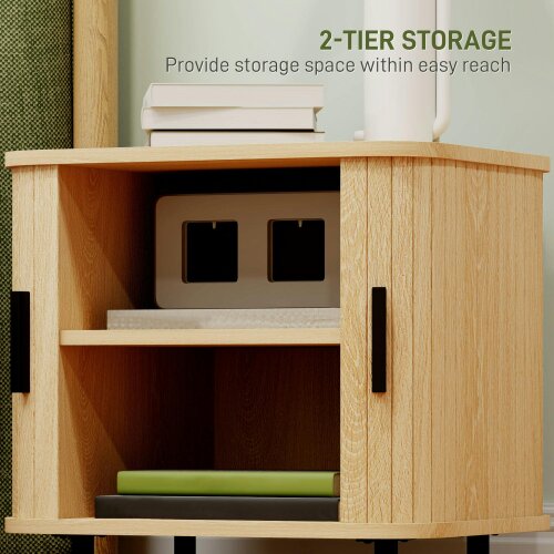 Wyld Haus Ritava Natural Oak Tambour Bedside Table 2 Sliding Doors Black Metal Legs