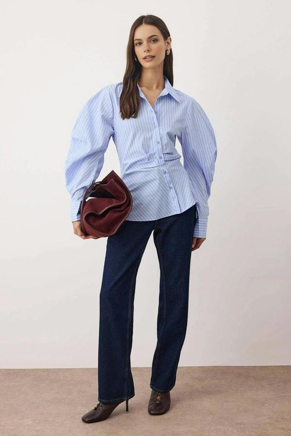 WOVCOR Asymmetrical Shirt with Balloon Sleeve Detail