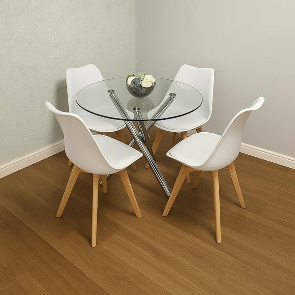 Kosy Koala Modern Dining Table Set With Round Clear Glass Table and 4 white plastic chairs