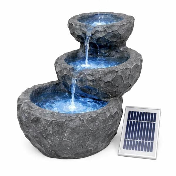 Gardenwize Solar Powered Three-Tiered Rock Water Feature with Battery Backup