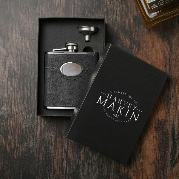 Harvey Makin Black PU Wrapped Stainless Steel Flask Set with Funnel