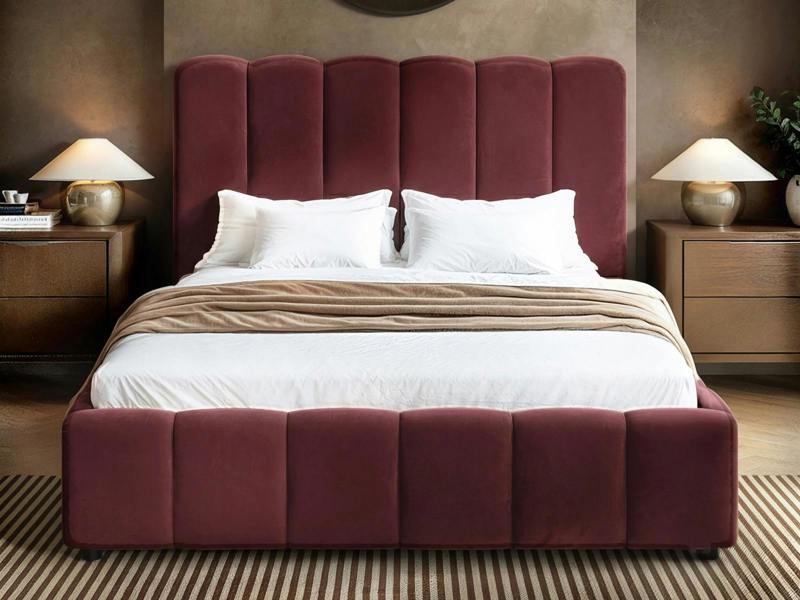 SOLACE+CO Emilie Ribbed Ottoman Bed Burgundy Velvet