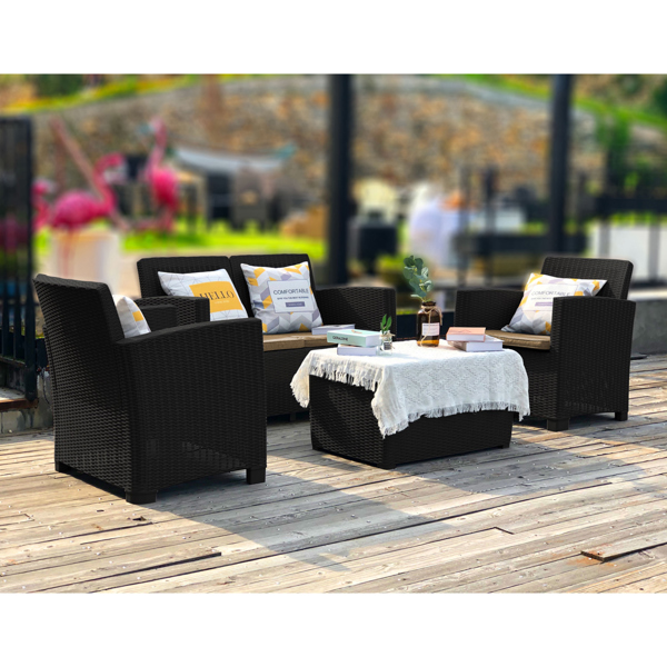 Centurion Supports SANTANA 4 Piece PE Rattan 4-Seater with Cushions Garden Furniture and Coffee Table Set in Black