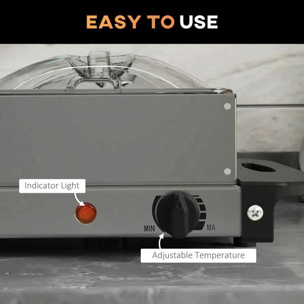 Silver electric food warmer with indicator light and adjustable temperature control knob