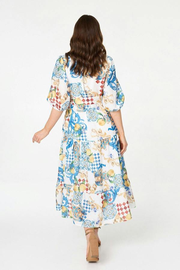 White | Printed 1/2 Puff Sleeve Shirt Midi Dress