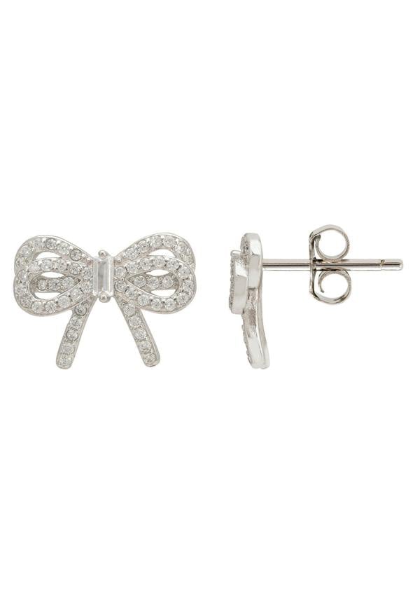 Silver bow-shaped earrings on a white background