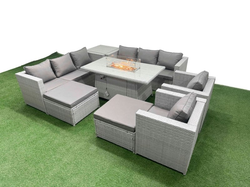 Fimous 10 Seat PE Rattan Lounge Sofa Set Outdoor Garden Furniture Set with Fire Pit Dining Table 3 Seater Sofa Side Table 2 Big Footstool Light Grey