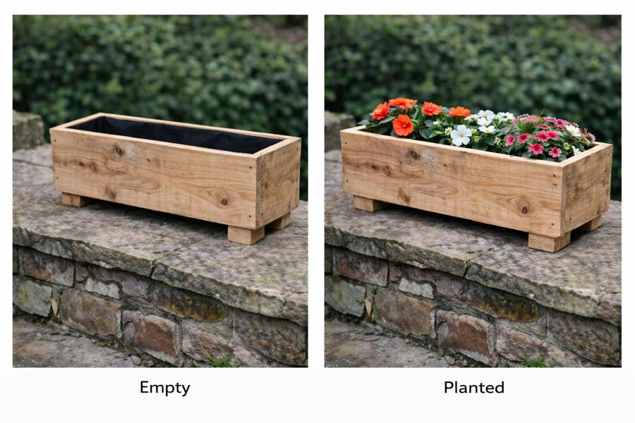 Upcycled scaffold board garden trough shown empty and fully planted for comparison
