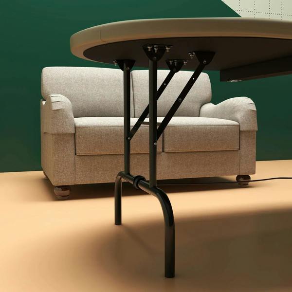Folding poker table base with black support legs and beige underside, cushioned top edge