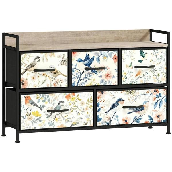 Multicolored bird-pattern 5-drawer chest with black frame and handles