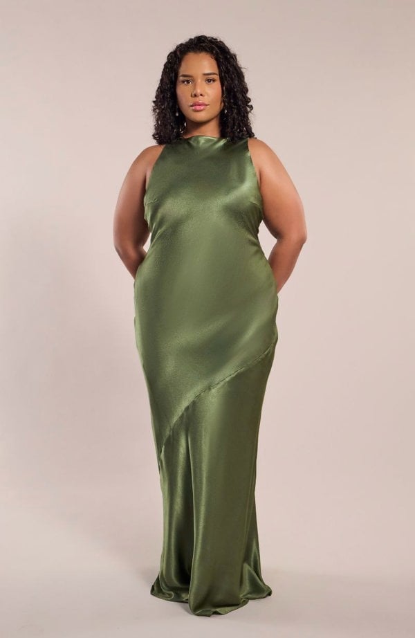 Rewritten London Paris Dress in Olive Green Viscose Satin