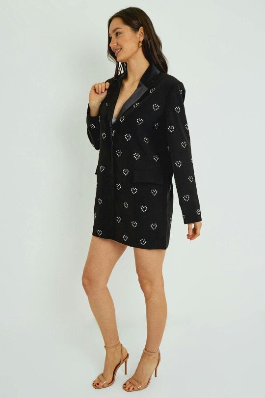 Black Heart Sequin Blazer Dress – Zip Front Structured Mini