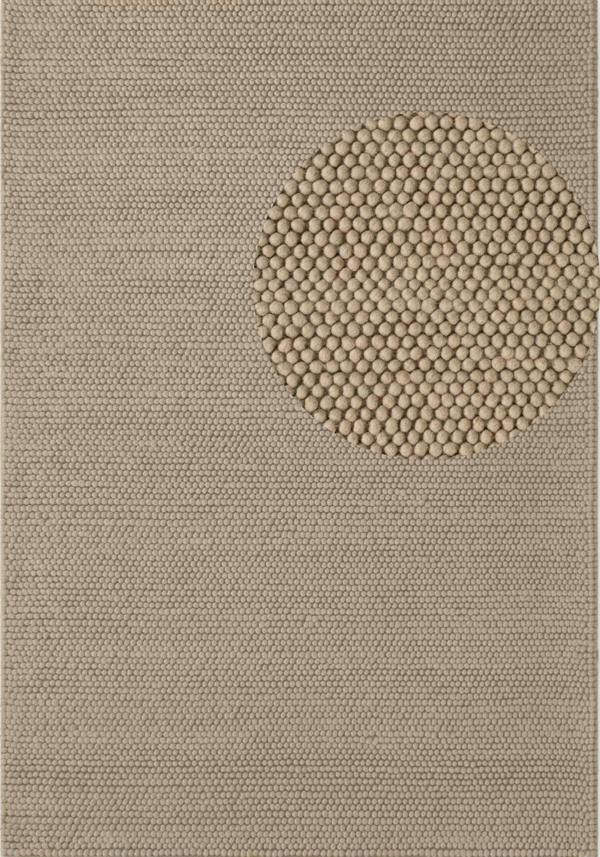 Textured beige rug with a circular pattern