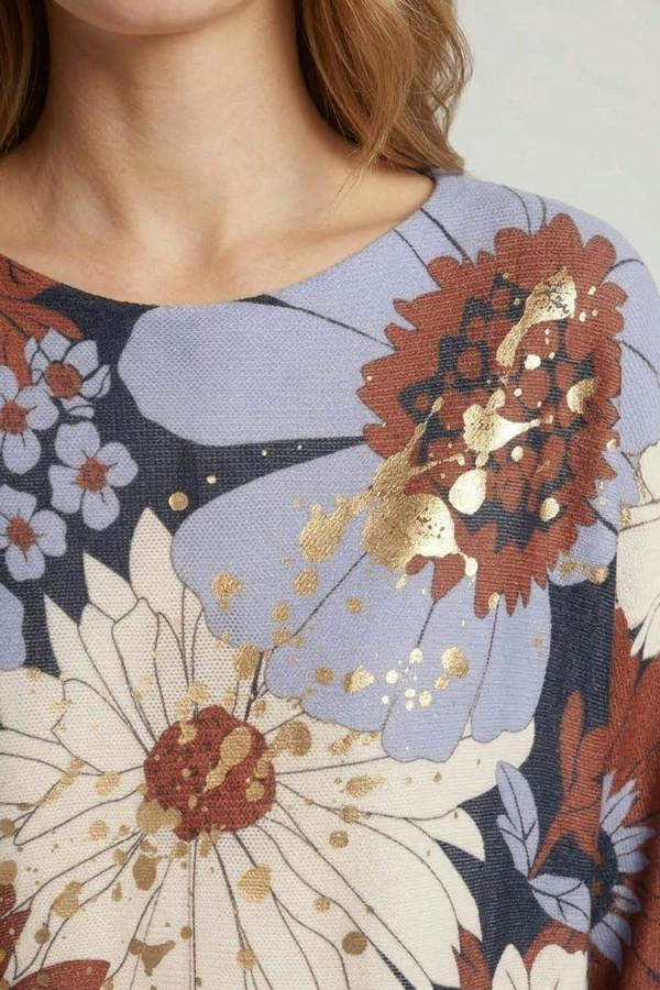 Navy | Floral Metallic Print Boat Neck Jumper