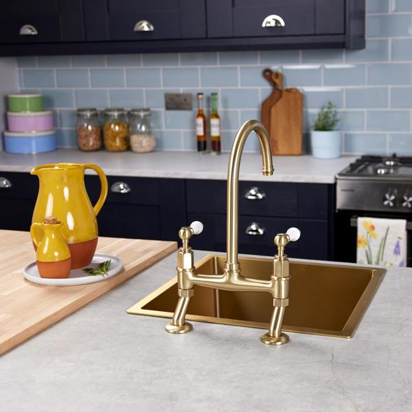 Flode Larvik | Kitchen Dual Lever Bridge Mixer Tap | Brushed Brass Finish