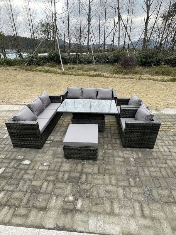Fimous 9 Seater?Outdoor Rattan Garden Furniture Set Adjustable Rising Lifting Dining Table With Chairs Footstool Dark Grey Mixed