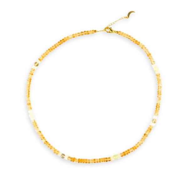 Kati Kaia citrine crystal set for meditation featuring a delicate beaded necklace with golden and white stones