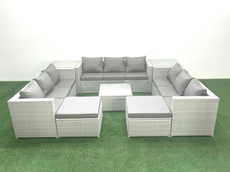 Fimous Rattan Garden Outdoor Furniture Set 11 Seater Rattan Garden Sofa Set with 2 Big Footstools 2 Side Tables Light Grey Mixed