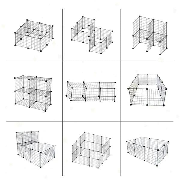 Modular black wire pet playpen showing multiple assembly layouts