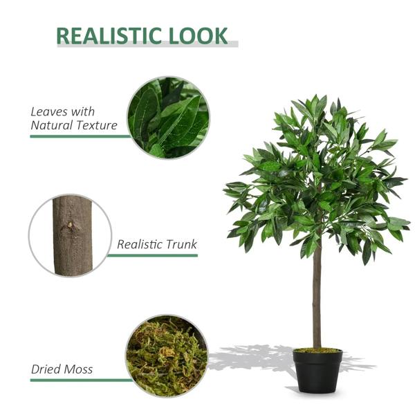 Artificial bay laurel topiary tree with textured green leaves and brown trunk, black pot