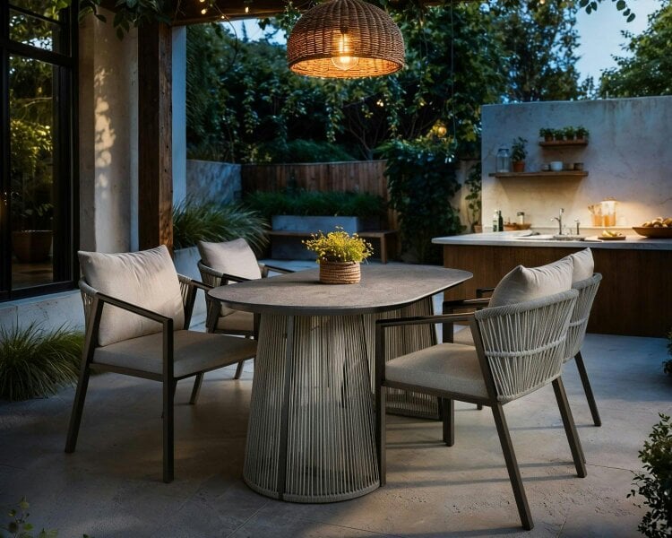SOLACE+CO Hana Oval Garden Dining Table Grey with Lynden Chairs Set of 4 Brown