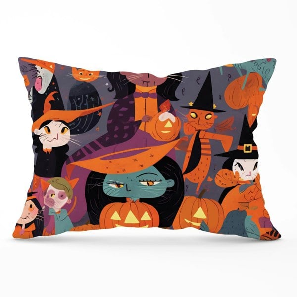 Warren Reed A Vibrant Illustration Of Witches And Pumpkin Cushions