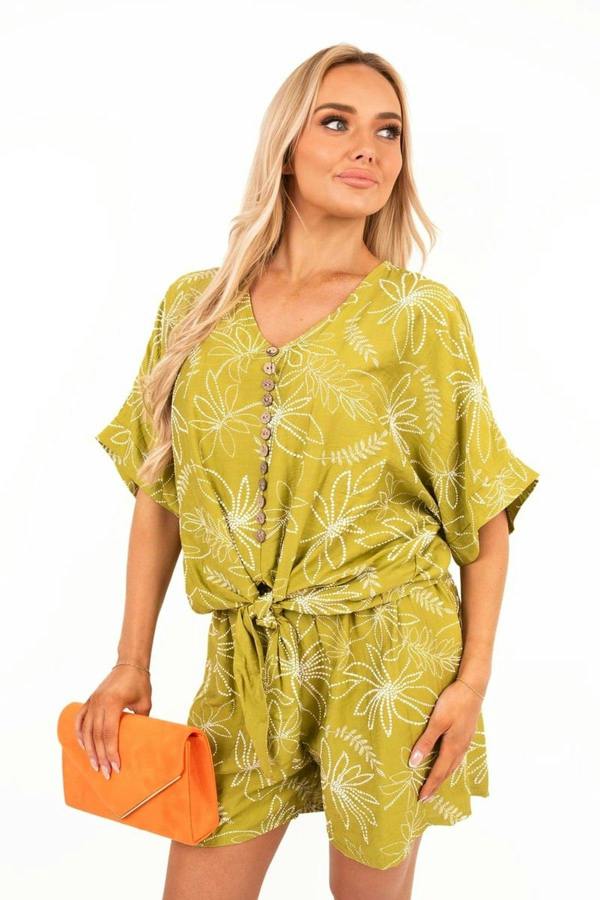 Azaira Button Front Short Sleeve Co-ord Set With Tie Waist - Avocado