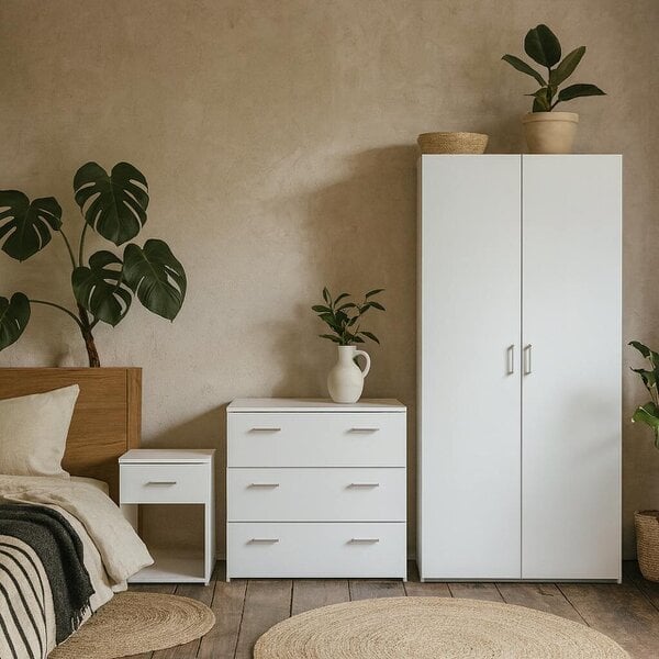 Wyld Haus Berlin White Bedroom Furniture Set with Bedside Chest of Drawers and Wardrobe