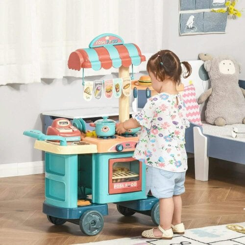 Bobobiy 50 Pcs Kids Kitchen Play set Fast Food Trolley Cart Pretend Playset Toys - Play Food Cashier Register Accessories Gift for Boys Girls Age 3-6