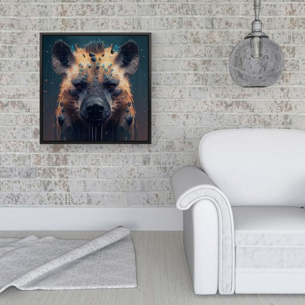 Warren Reed Hyena Face Splash Art Dark Background Framed Canvas